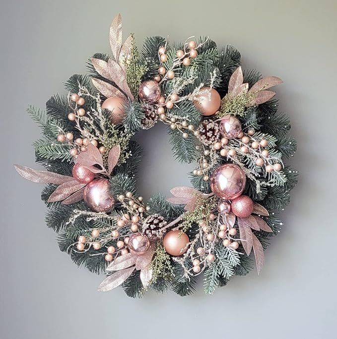 Elegant Australian Pine Christmas Wreath with Ornaments 24" Rose Gold/Pink (Rose Gold) | Amazon (US)