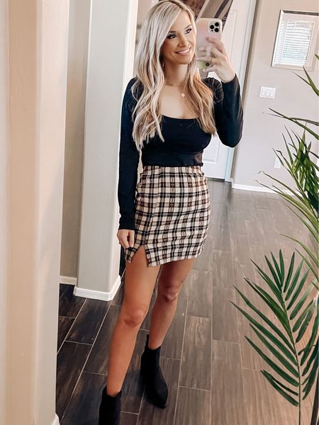 Amazon outfit. Plaid skirt, black bodycon suit, black booties, black ankle boots, black top, fall outfit 

#LTKstyletip #LTKSeasonal #LTKfit