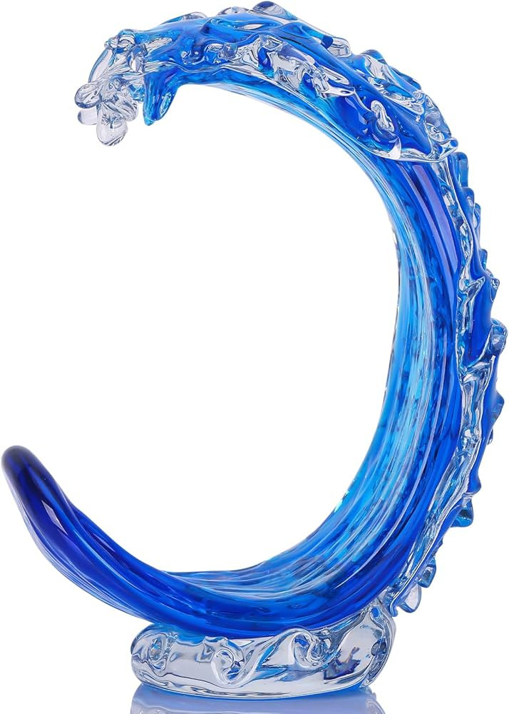 LCCCK Blue Glass Beach House Decor, Hand Blown Ocean Wave Decorate, Tall Blue Glass Sculpture Hom... | Amazon (US)
