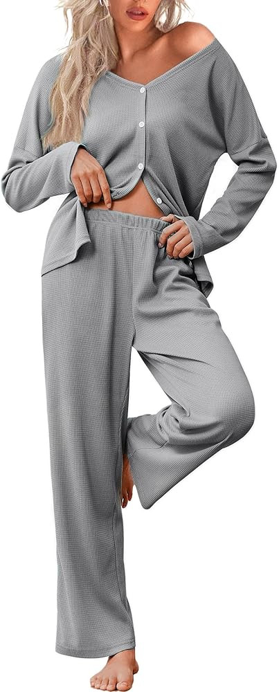 Ekouaer Womens Waffle Knit Pajamas Long Sleeve Lounge Set Button Up Pjs Loungewear with Pockets | Amazon (US)