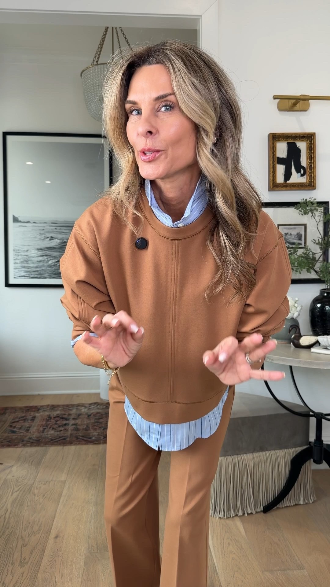 Spanx new arrivals! I’m 5’6’’. Use code FASHIONEDLIFEXSPANX for 15% off (new customers only).
-Wearing XS in  luxe cotton button-up (extra 30% off sale now if $59!) 
-Pants XS reg length 
-Ponte crewneck Small 

#spanxpartner @spanx

#LTKootd #LTKOver40 #LTKActive