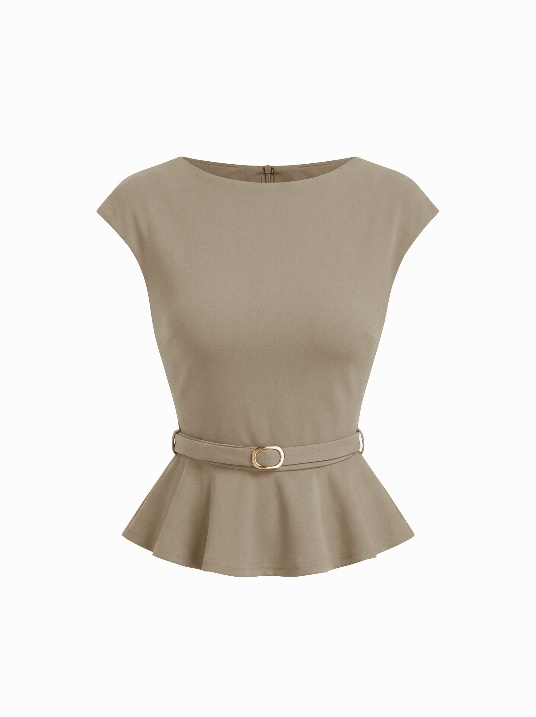 Knit Fabric Boat Neck Belted Ruffle Hem Metal Detail Peplum Top For Work | Cider