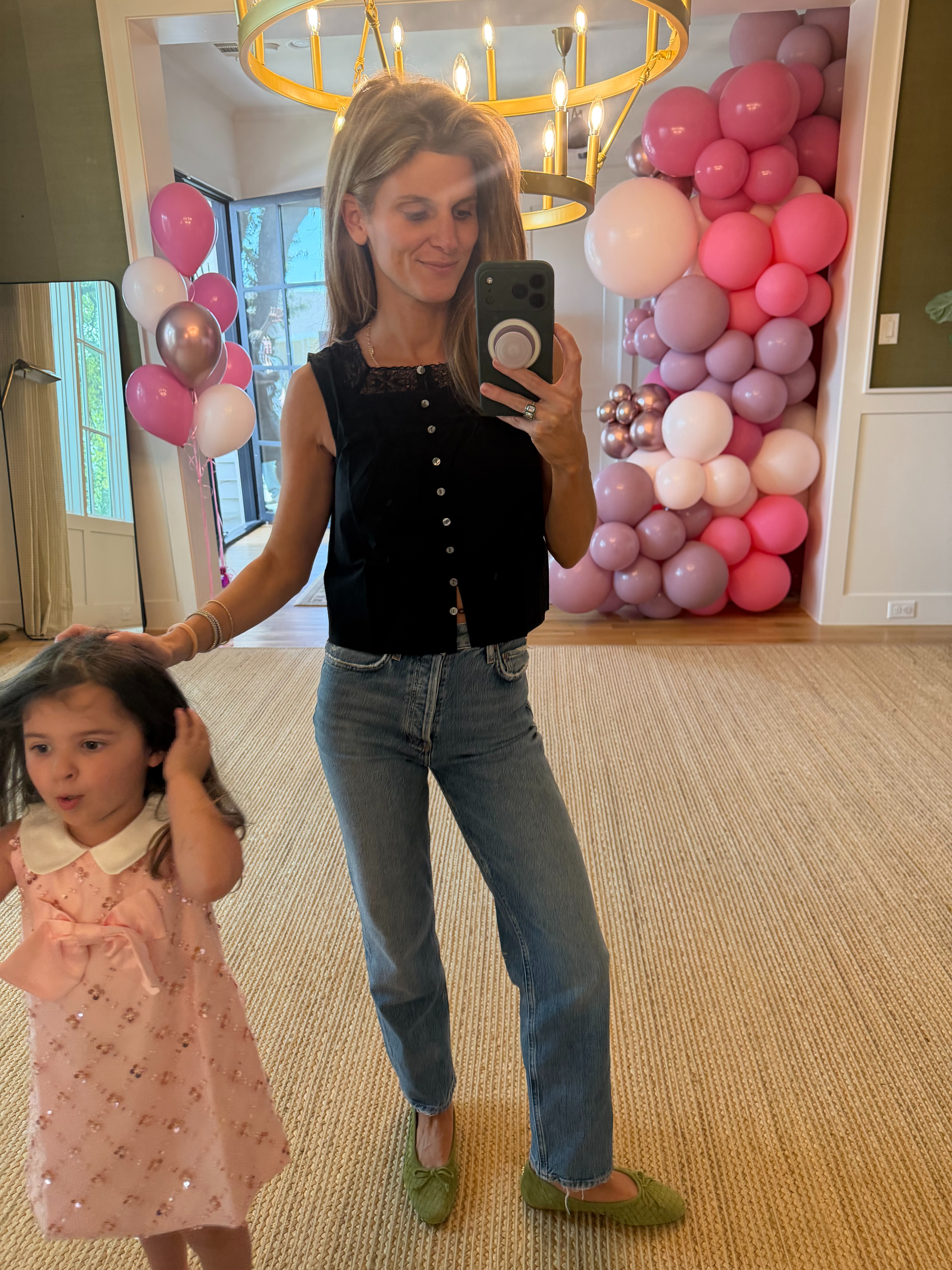 Straight Leg Denim with button lace tank from Gap 

 