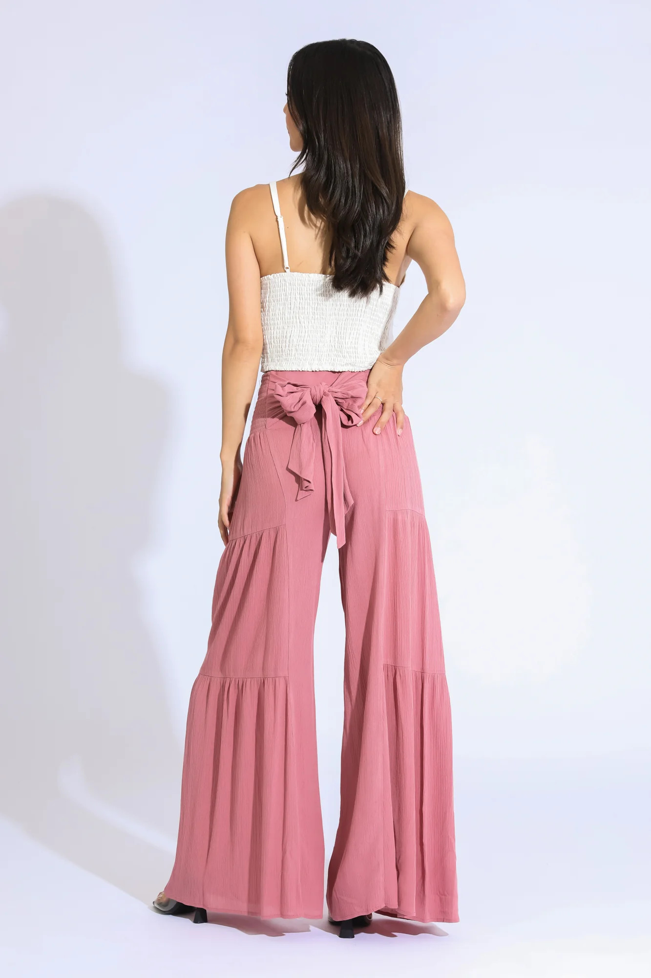 Tie Waist Tiered Wide Leg Pant - Sunkiss Mauve | ReWash