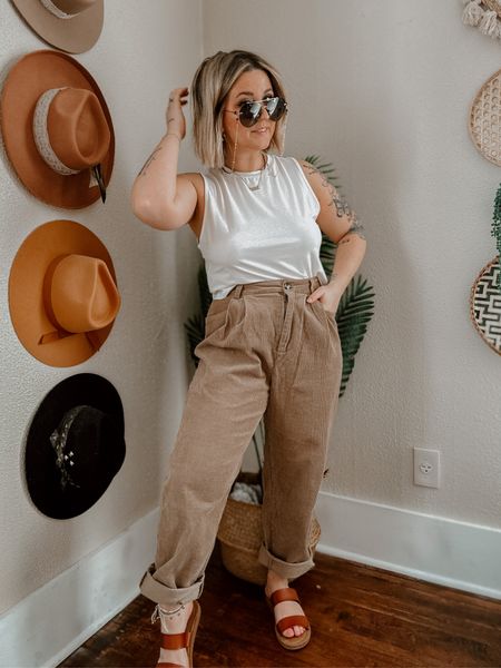 Pinterest inspired outfit! Neutral aesthetic spring + summer outfit. Crop white high neck tank wearing medium (for more crop coverage) and wearing medium in corduroy tan pants (pants have no stretch to them) 

#LTKstyletip #LTKSeasonal #LTKsalealert