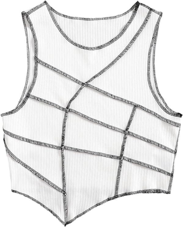 Milumia Women's Asymmetrical Hem Crewneck Ribbed Knit Contrast Stitch Crop Tank Top | Amazon (US)