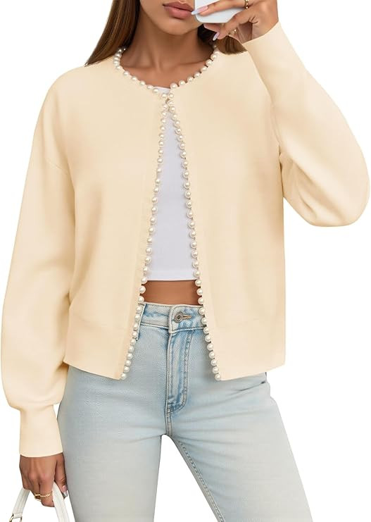 Saodimallsu Womens Fall Open Front Cardigan Sweaters Pearl Long Sleeve Knit Tops Crewneck Dressy ... | Amazon (US)