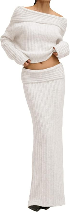 Skirt Sets Women 2 Piece Outfits Off Shoulder Long Sleeve Sweater Bodycon Maxi Skirt Fall Knit Sw... | Amazon (US)