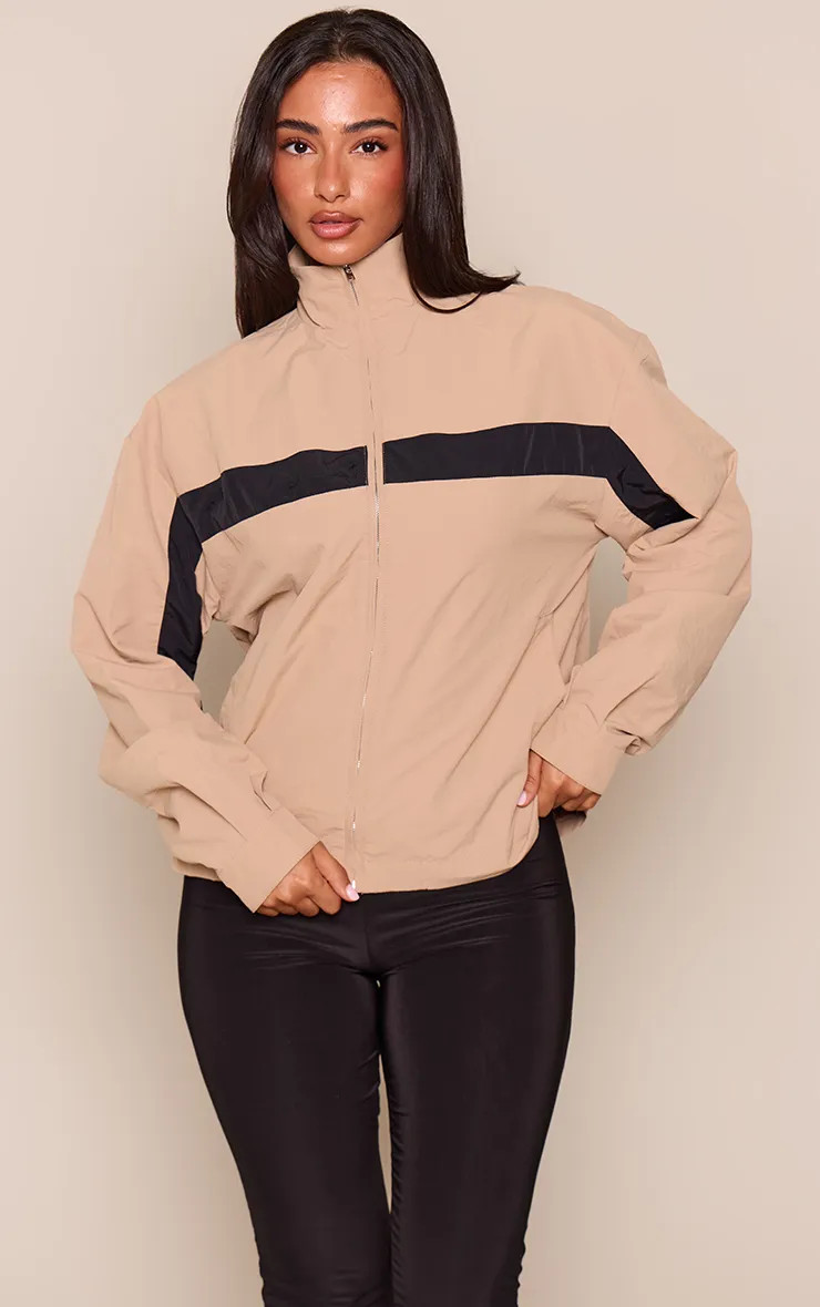 Petite Beige Contrast Stripe Zip Front Track Jacket | PrettyLittleThing UK