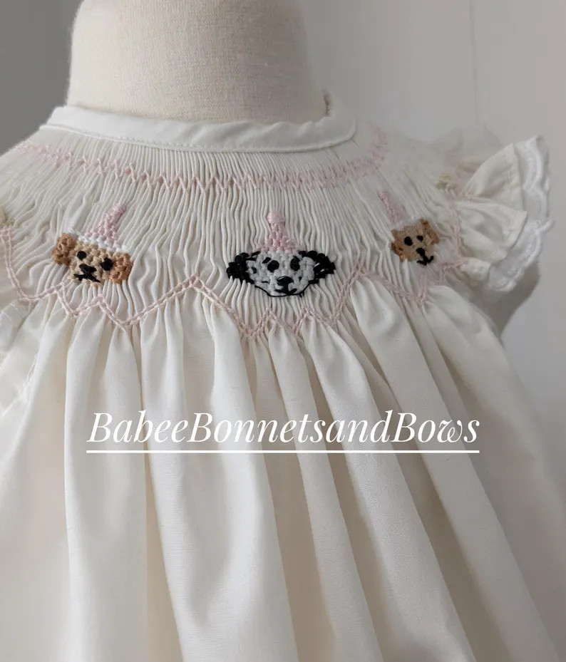 Baby girl smocked birthday dress smocked dogs with party hats smocked bishop | Etsy (Global)