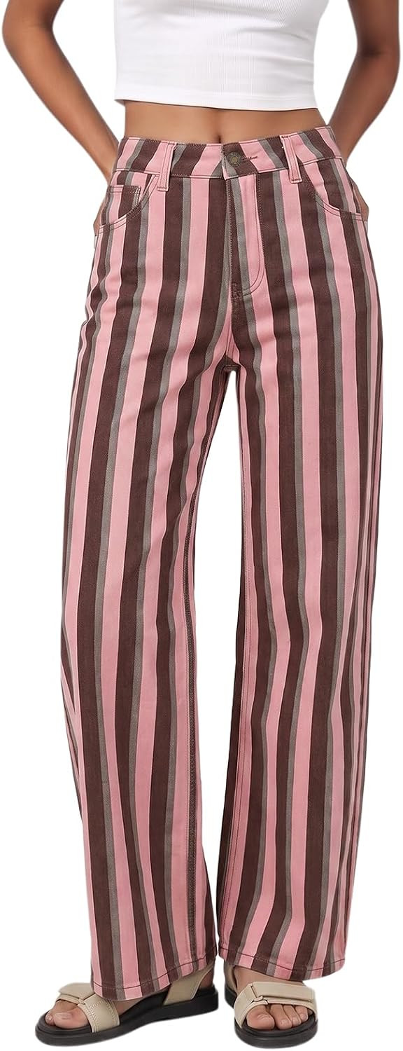 Tankaneo Womens Striped Wide Leg Jeans Casual High Waisted Denim Pants | Amazon (US)
