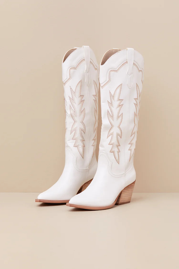 Dedra White Pointed-Toe Knee-High Western Boots | Lulus