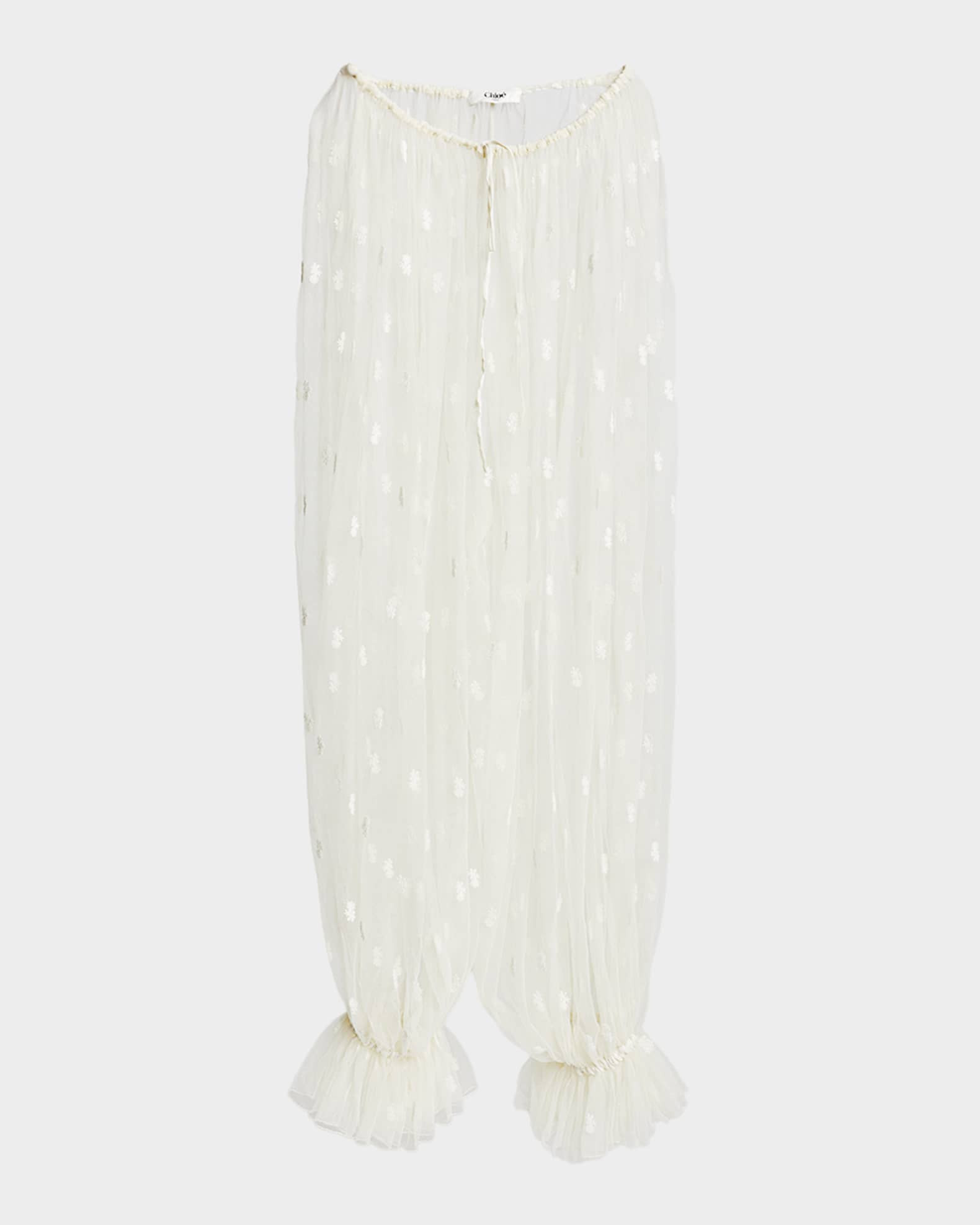Embroidered Tulle Wide-Leg Ruffle Trousers | Neiman Marcus