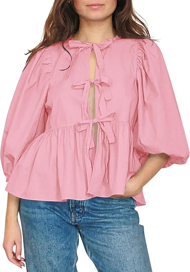 Cioatin Women Bow Tie Front Shirt Top Cute Puff Sleeve Y2K Peplum Ruffle Babydoll Blouse Lace Up ... | Amazon (US)