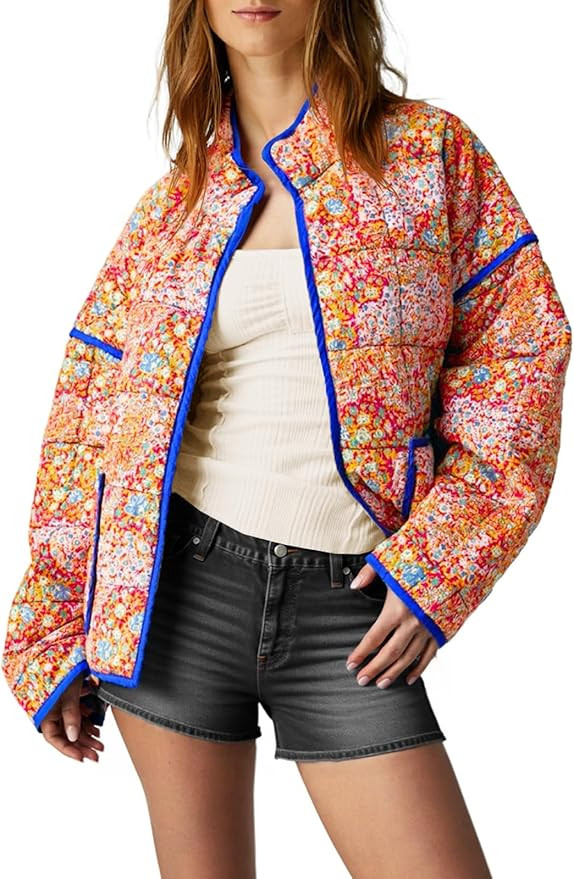 Tankaneo Womens Quilted Lightweight Jackets Floral Print Winter Coats Open Front Cardigan with Po... | Amazon (US)