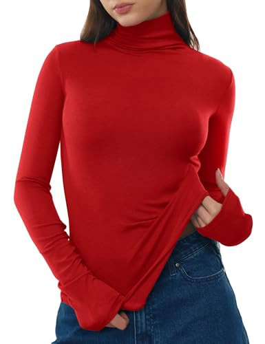C202 Womens Long Sleeve Turtle Mock Neck Tops Wool Going Out Top Trendy Fitted T Shirt Fall Clothes, Ruby X-Large | Amazon (US)