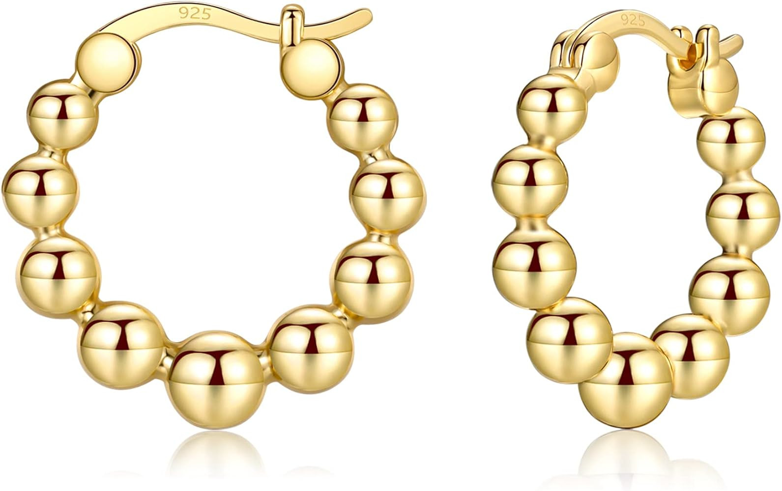 Gold Chunky Hoop Earrings for Women | Thick 925 Sterling Silver Post Beaded Ball Huggies Earrings... | Amazon (US)