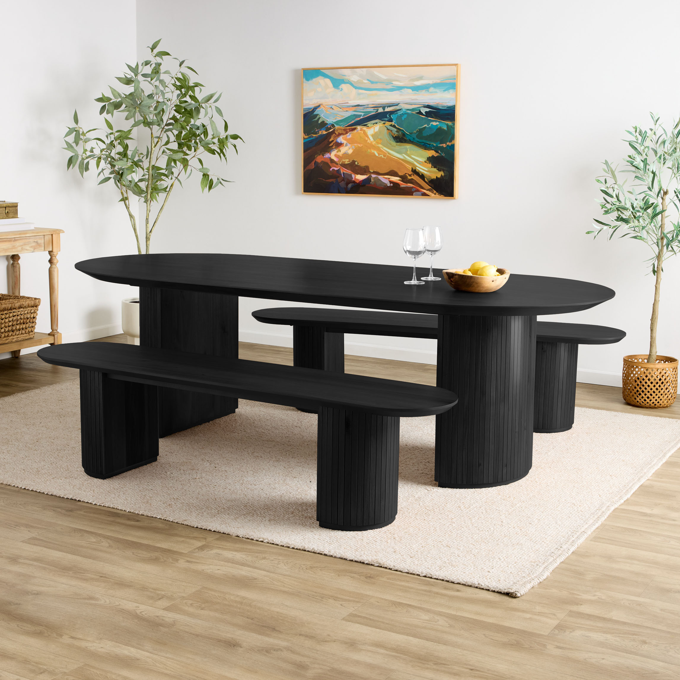 Russo Oval Fluted Wood 3 Piece Dining Set with Benches | World Market