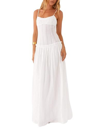 Women Spaghetti Strap Flowy Maxi Dress Smocked Drop Waist Aline Dress Long Ruffle Cocktail Sundress (White, S) | Amazon (US)