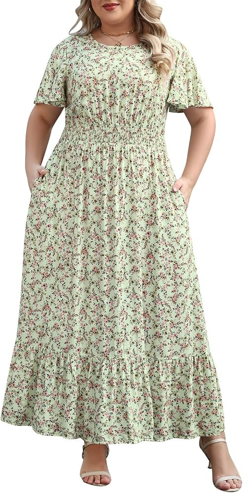 Womens Plus Size Floral Maxi Dress Smocked Boho Flutter Sleeve | Amazon (US)