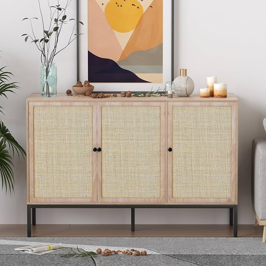 Sideboard Buffet Cabinet with Handmade Natural Decorated Doors, Buffet Cabinet Rattan Cabinet, Si... | Amazon (US)