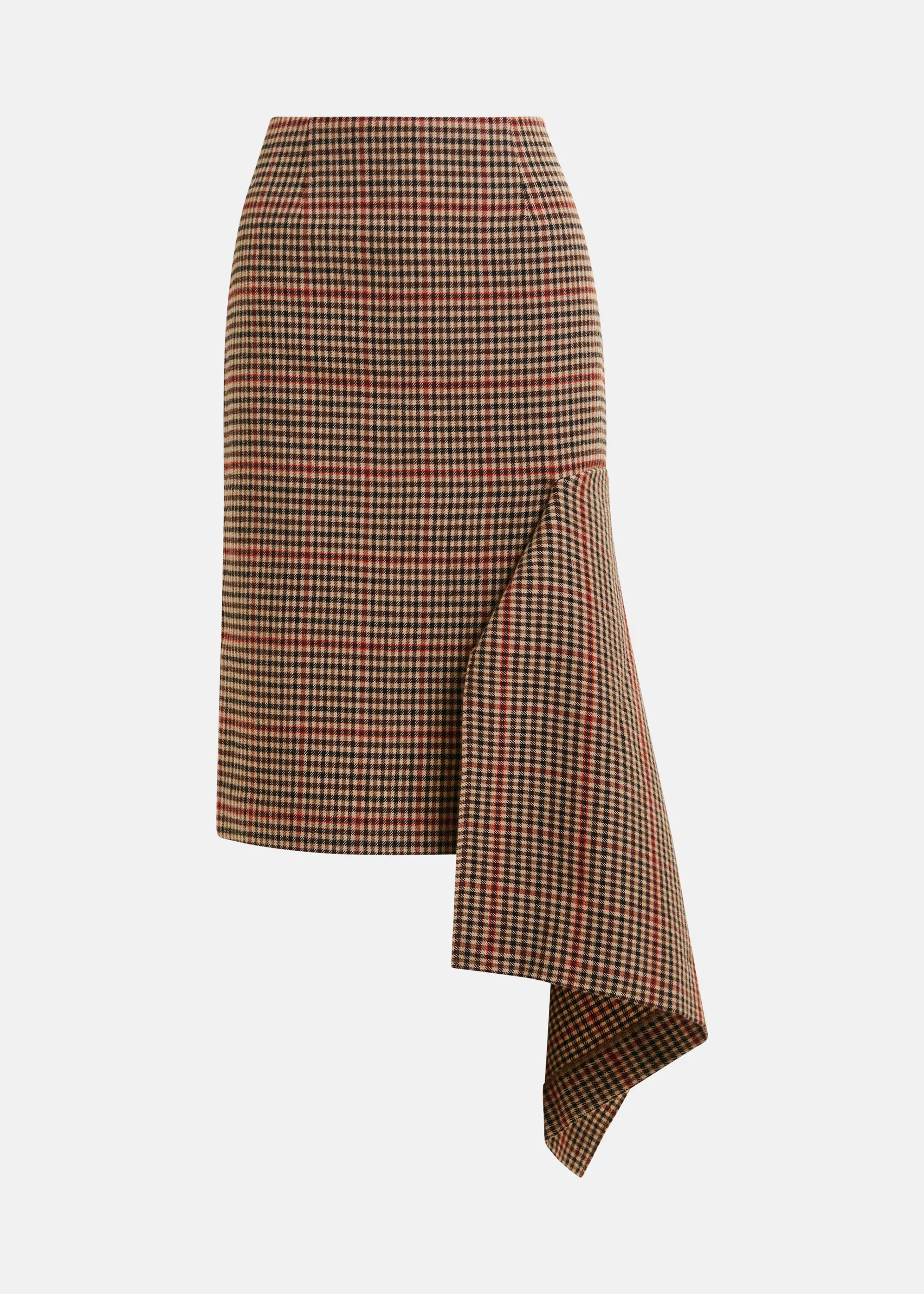 Brown, beige and red checked wool-blend draped midi pencil skirt | Essentiel Antwerp United Kingd... | Essentiel Antwerp