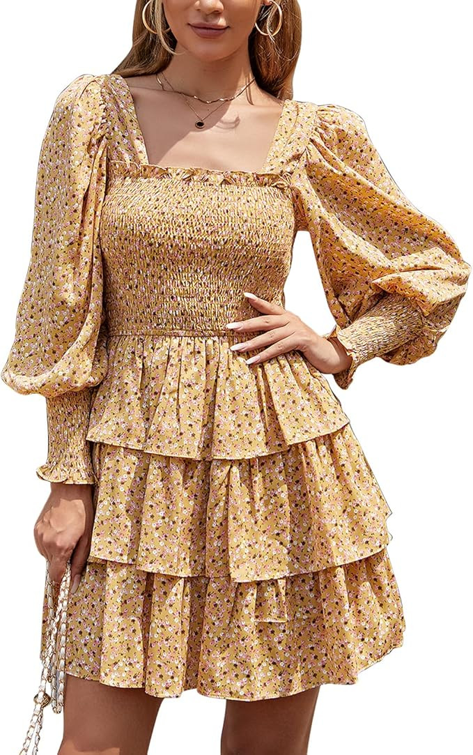 Byinns Women's Square Neck Ruffle Dress Long Sleeve Floral Print Tiered Tie Back Layered Swing Mi... | Amazon (US)