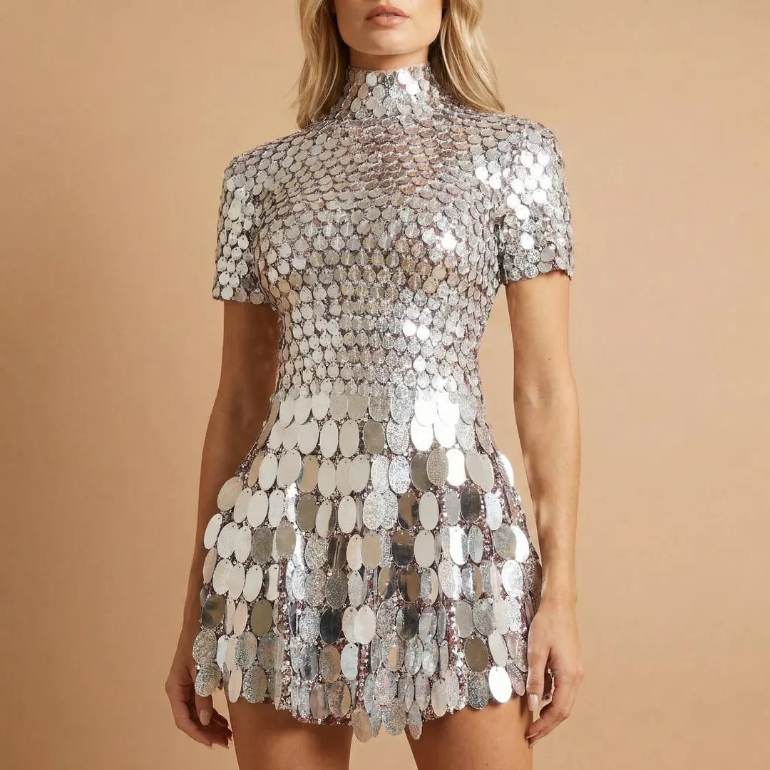 Silver Sequin Mirror Mini Dress, Futuristic Party Rave Outfit, Veloura Studio | Etsy (US)