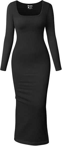 OQQ Women’s Dress Long Sleeve Square Neck Bodycon Fit Seamless Ribbed Casual Loungewear Maxi Dr... | Amazon (UK)