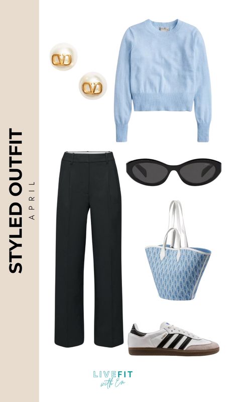 Step into spring with style and sophistication! This chic April outfit features tailored black trousers paired with a soft pastel blue sweater, creating a harmonious blend of comfort and class. Accentuate the look with bold, modern earrings and sleek, versatile sneakers for an urban edge. Top it off with streamlined sunglasses and a trendy geometric-patterned tote for that perfect balance of functionality and fashion flair. Ideal for an elevated day look or a casual evening out! #SpringStyle #ChicSweater #TailoredTrousers #UrbanEdge #FashionForward #StyledOutfit #LiveFitWithEm

#LTKstyletip #LTKtravel #LTKworkwear