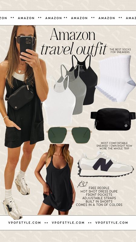 Amazon travel outfit idea. $32 Free people hotshot dress dupe comes in so many colors, adjustable straps, pockets, built in shorts. Wearing size small and it’s roomy, happiness runs tank set dupe from amazon, new balance 327 sneaked, lululemon belt bag, amazon sunglasses, and my favorite socks to wear with sneakers…. Also amazon. 