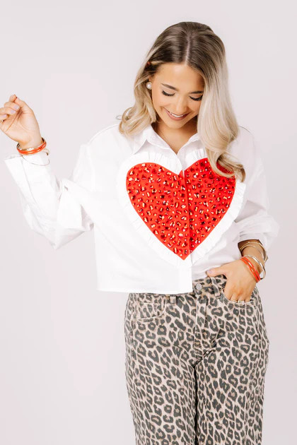 Queen of Sparkles Jeweled White Ruffle Heart Long Sleeve Blouse | The Willow Tree