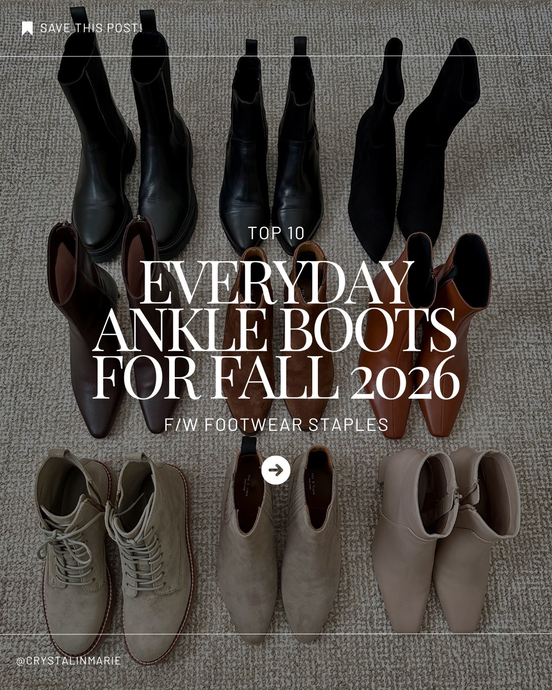 One of the most-asked questions I get is: which ankle boots are we wearing for fall?! The right boot goes a long way in creating elevated fall outfits. Here are my picks for 2026. You're looking for high shafts and a long instep. 

Steve Madden Define boot 5.5
Steve Madden Zami bootie
Staud Wally ankle boot 
Staud Wally heeled ankle boot 35
Vince Hailey boot 5.5
Madewell Calli Ankle boot
Madewell Paisley ankle boot
J.Crew Sylvie ankle boot
Sezane Garance ankle boot 
Dolce Vita tartine bootie