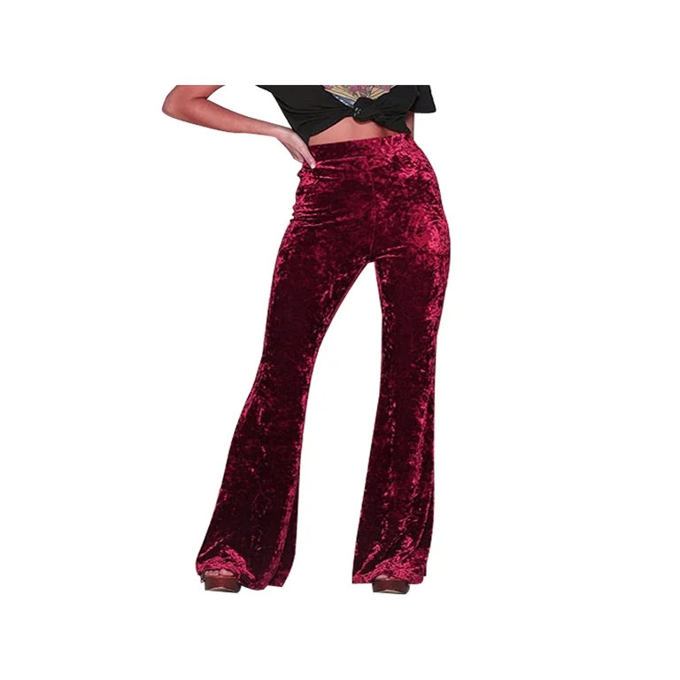 Fiomva Womens High Waist Crushed Velvet Flare Pants Ladies Casual Bell Bottoms Trousers | Walmart (US)
