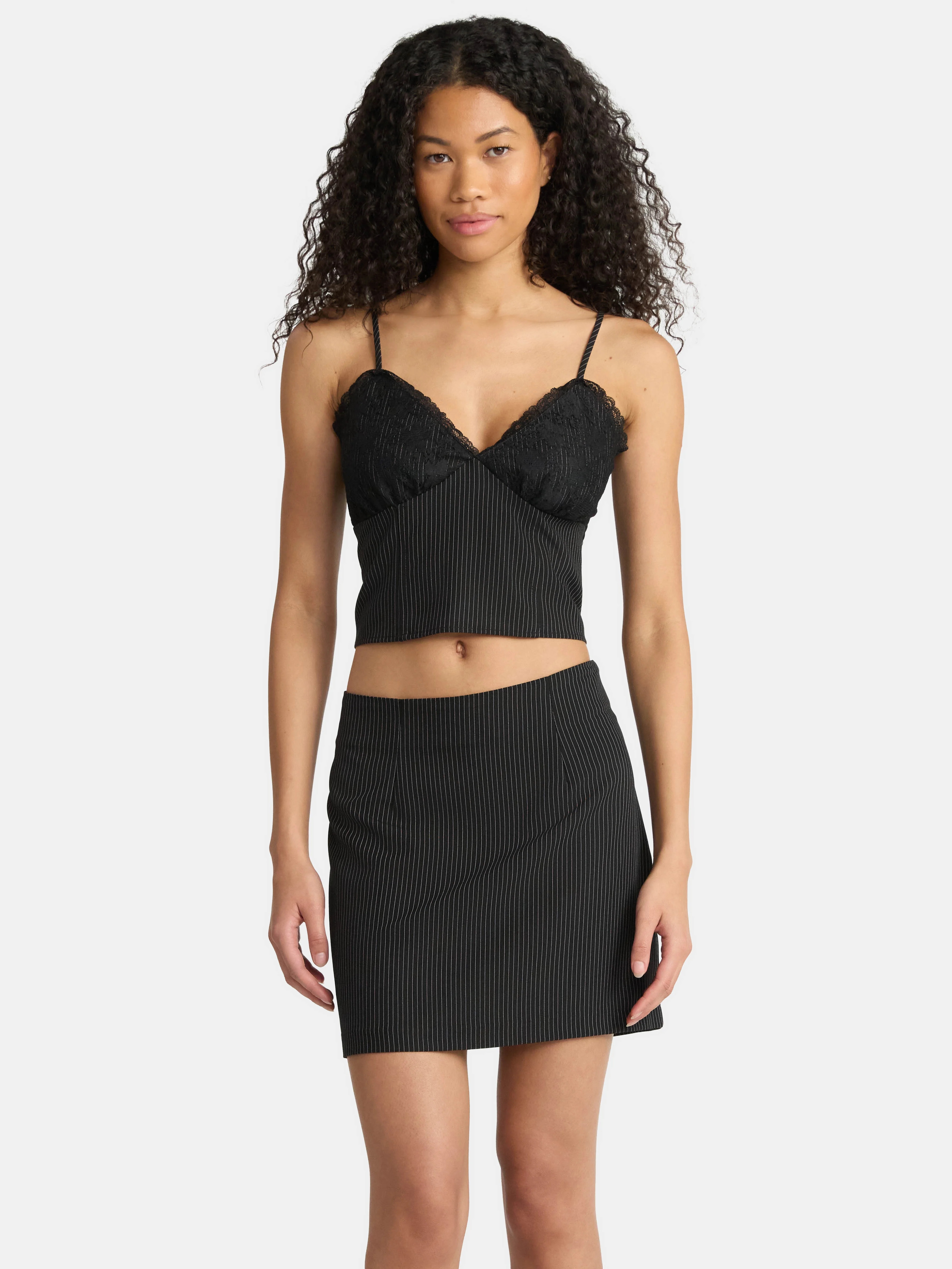 No Boundaries Woven Pinstripe Bustier Top and Mini Skirt Set, 2-Piece, Women's | Walmart (US)
