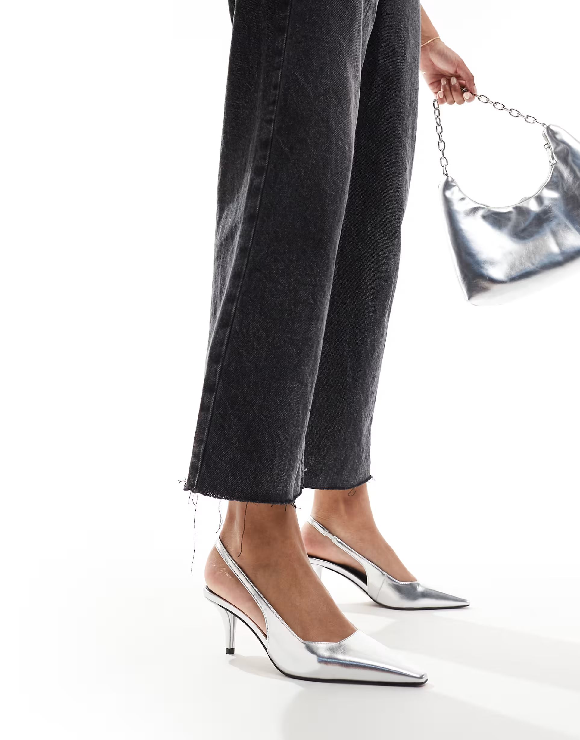 ASOS DESIGN Shake slingback kitten heels in silver | ASOS (Global)