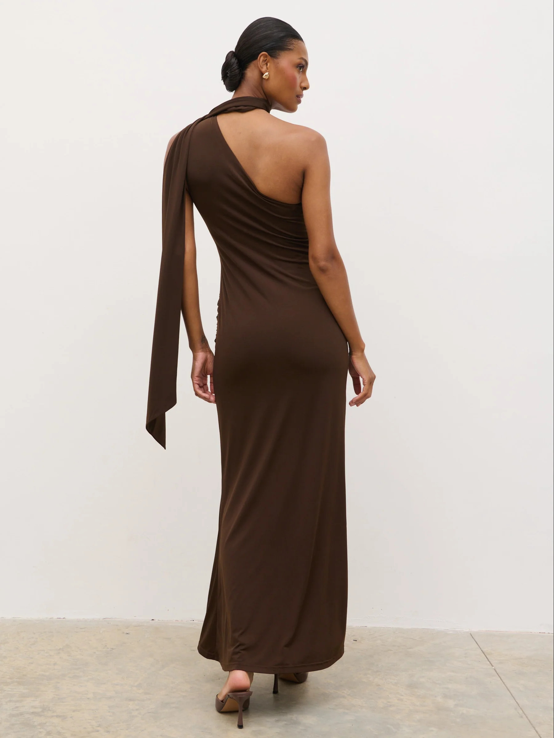Celina Drape Ruffle Jersey Maxi Dress - Brown | Pretty Lavish (UK)