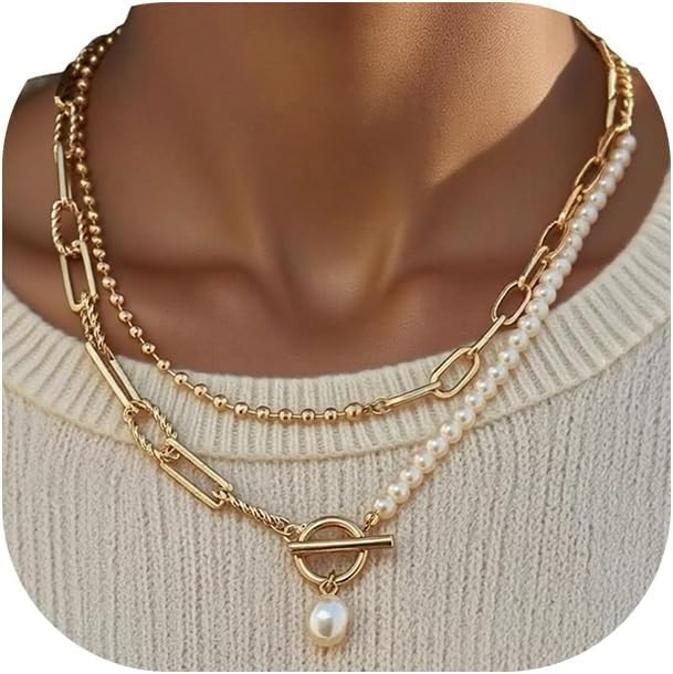 Chunky Gold Pearl Layered Chain Necklace for Women, 14K Toggle Clasp | Amazon (US)