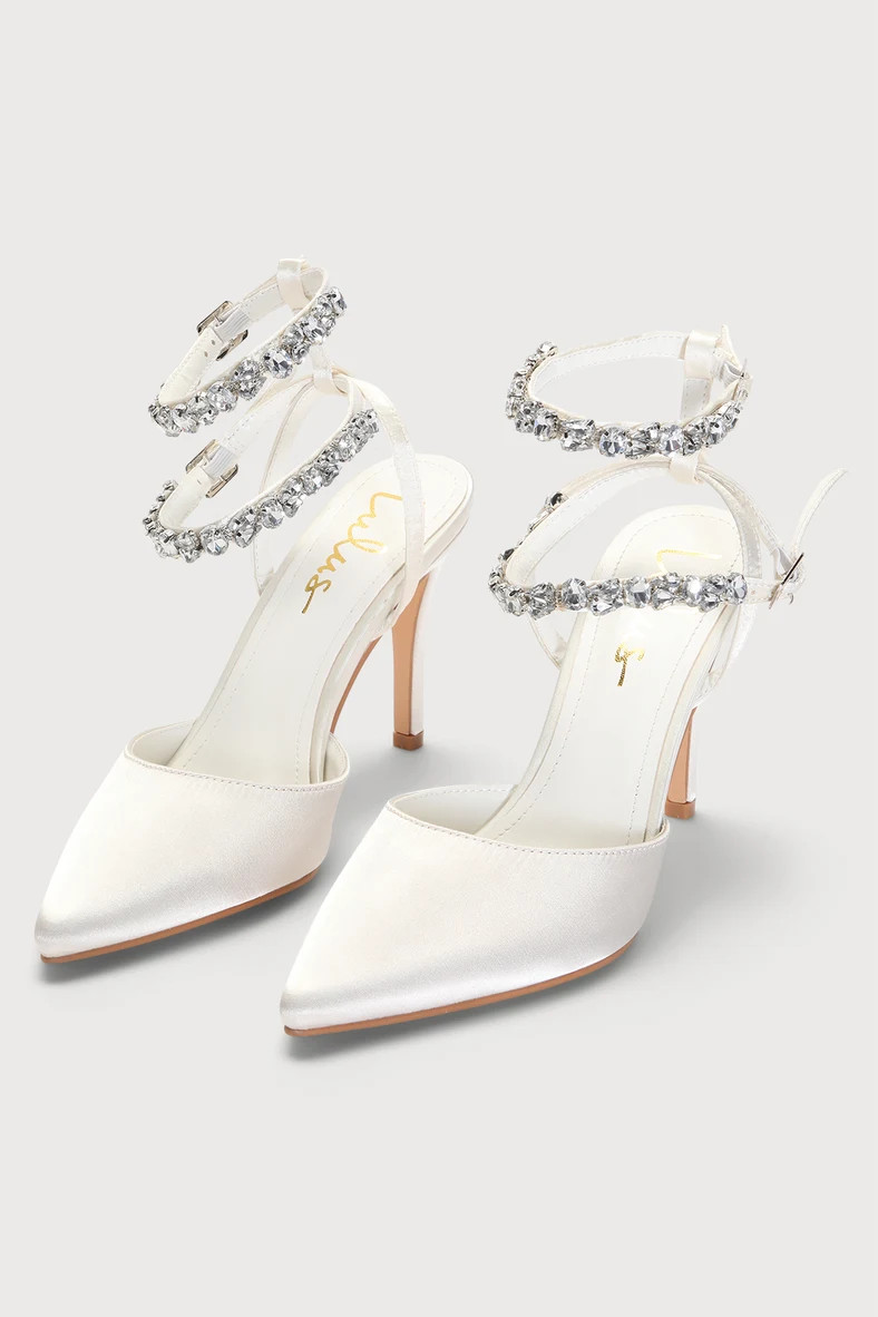 Syene White Satin Rhinestone Pointed-Toe Ankle Strap Heels | Lulus (US)