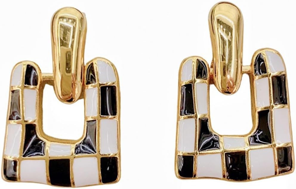Checkered Earrings for Women Black and White Checkered Dangle Earrings Geometric Square U-shaped ... | Amazon (US)