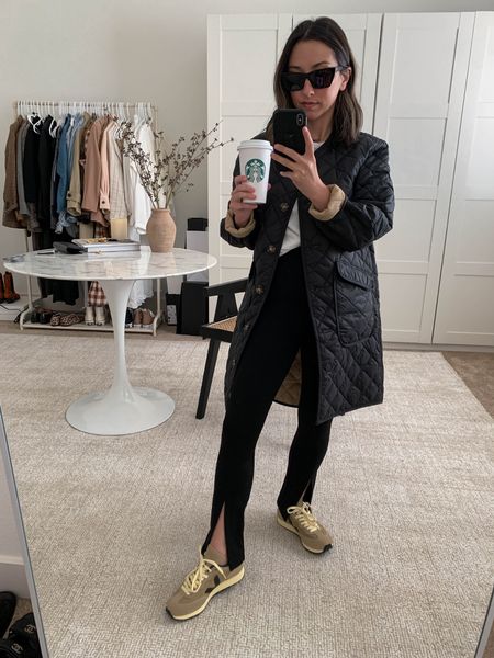 J.crew reversible liner jacket. Wearing the xs. Very thin and oversized, but great for layering under. 

Jacket - j.crew xs
Leggings - Gap petite xs
Sneakers - veja 35. 
Sunglasses - YSL 