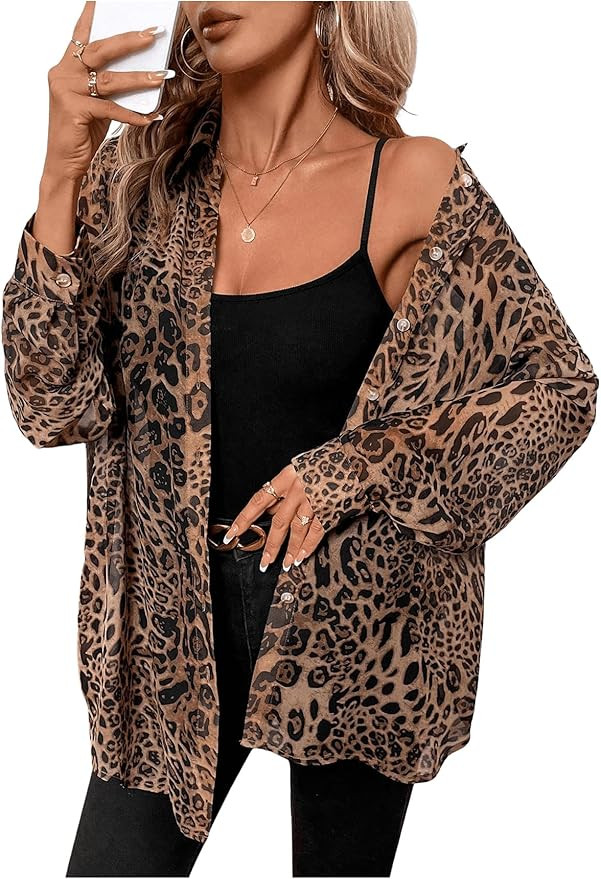 Milumia Women's Leopard Cheetah Sheer Mesh Button Down Shirt Long Sleeve Drop Shoulder Blouse Top | Amazon (US)