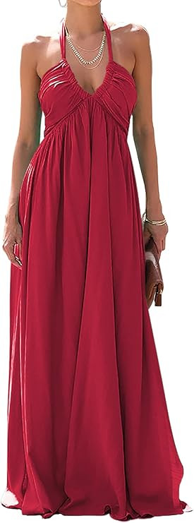 Maxi Dresses for Women Sexy Halter V Neck Backless Smocked High Waisted A Line Beach Vacation Sun... | Amazon (US)