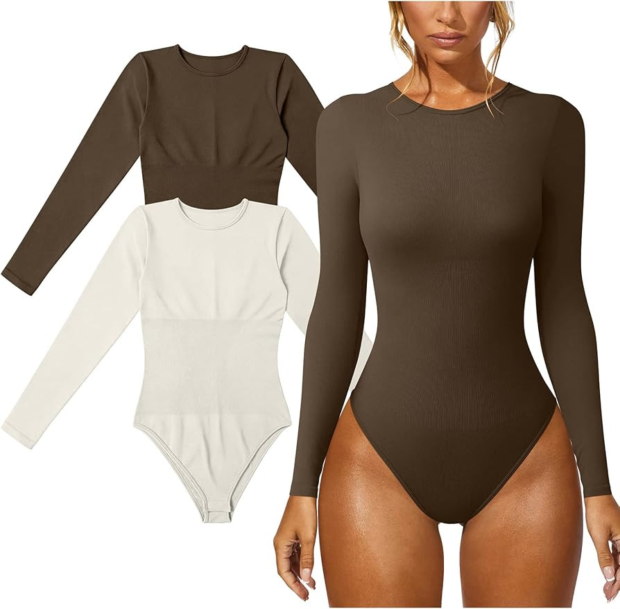 GXIN Women's 2 Piece Sexy Bodysuit Long Sleeve Ribbed Bodycon Bodysuits | Amazon (US)