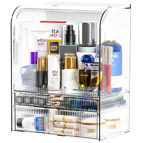 Clear Make up Organizers and Storage for Vanity With Dustproof Lid,Large Skincare Organizer and Bathroom Counter Organizer With 2 Drawers For Cosmetics,Lotion,Beauty Product Dresser Top Organizer Box | Amazon (US)