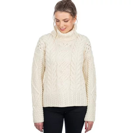 SAOL Irish Aran Sweater 100% Super Soft Premium Merino Wool Cable Knit White Turtleneck Pullover for Women Made in Ireland | Walmart (US)
