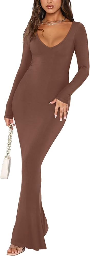 REORIA Women's Sexy Soft Lounge Ribbed Long Dress Elegant Long Sleeve Deep V Neck Bodycon Maxi Dr... | Amazon (US)