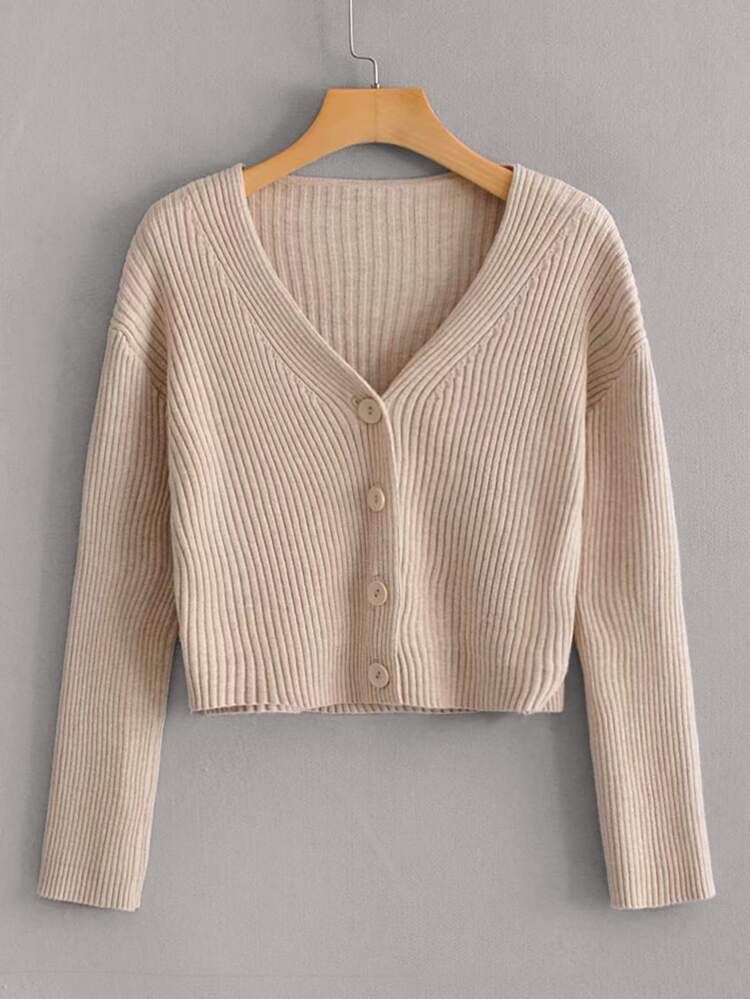 Button Front Rib-knit Solid Cardigan | SHEIN