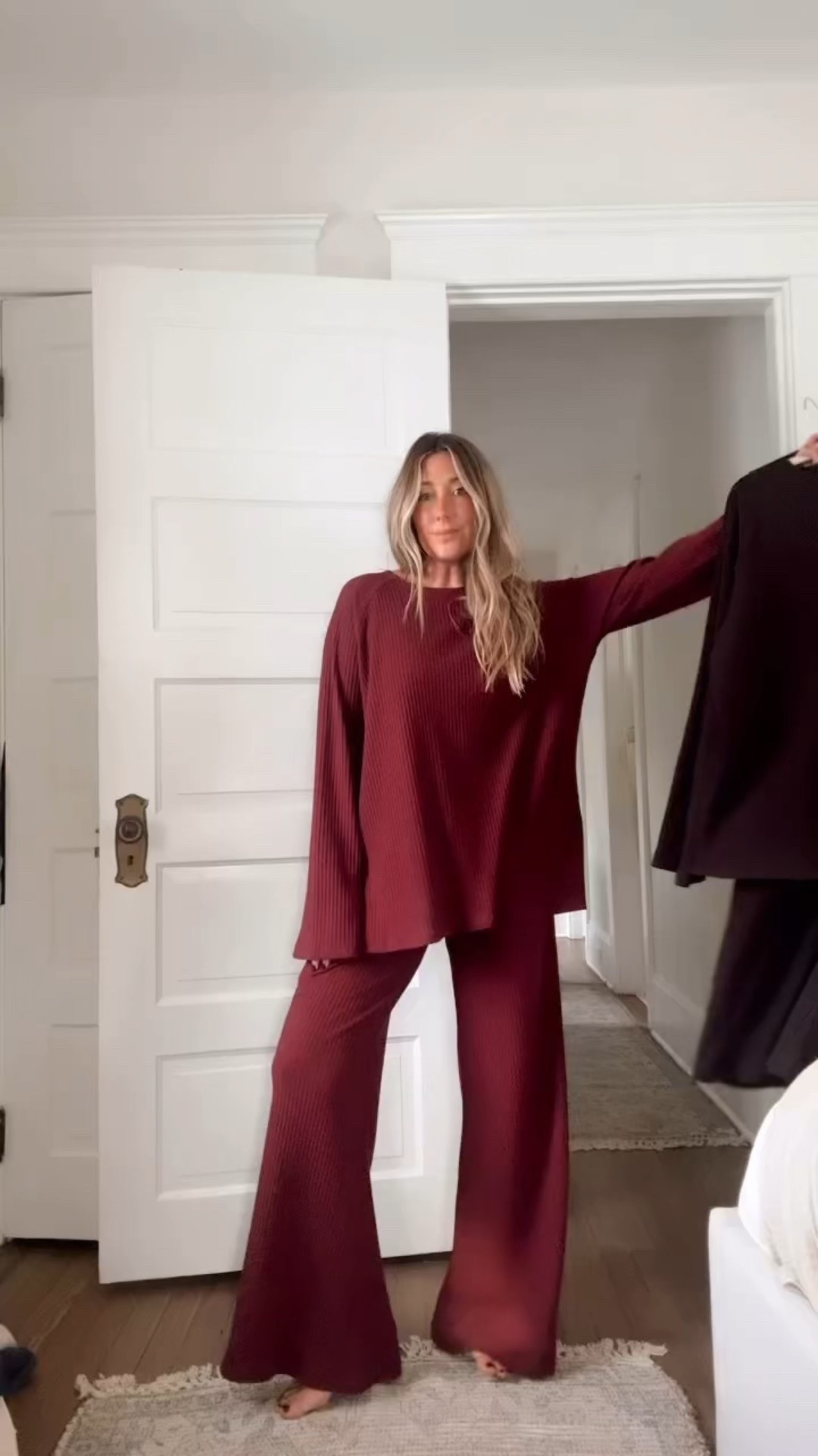 Cozy, but make it cute!!! New ribbed set drops tomorrow on @howdoyouwearthat 8PM EST! 2 colors! Burgundy and chocolate brown. Designed for the limbo season — you know that time between post holidays and NYE when you’re just lounging around or having cozy gatherings etc?! This outfit is for that! ( &beyond) 🐻

comment SHOP for the styling pieces in the meantime! 

Oh!!! And it will arrive before Christmas! I wear a S/M in top and small or medium in pants xo