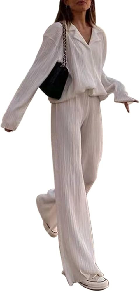 Pleated 2 Piece Outfits for Women Long Sleeve Oversized Button Down Shirt Wide Leg Pants Sets Cas... | Amazon (US)